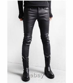 Skinny Leather Jeans Pants Trouser Black Men's Low waist Five Pockets Zip Fly