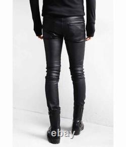 Skinny Leather Jeans Pants Trouser Black Men's Low waist Five Pockets Zip Fly