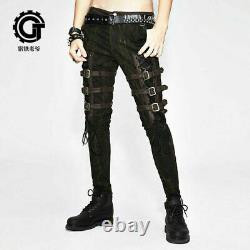 Steampunk men straight pants personality PU bandage metal buckle slim trousers