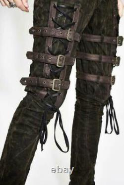 Steampunk men straight pants personality PU bandage metal buckle slim trousers