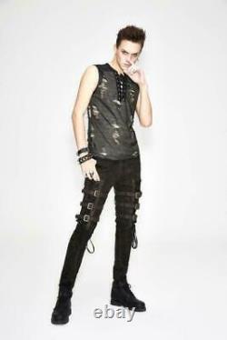 Steampunk men straight pants personality PU bandage metal buckle slim trousers