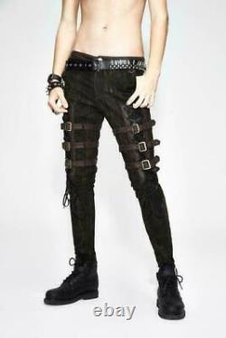 Steampunk men straight pants personality PU bandage metal buckle slim trousers