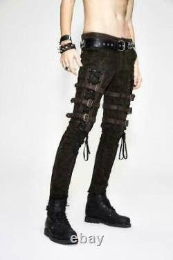 Steampunk men straight pants personality PU bandage metal buckle slim trousers