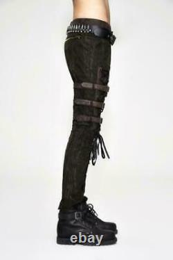 Steampunk men straight pants personality PU bandage metal buckle slim trousers