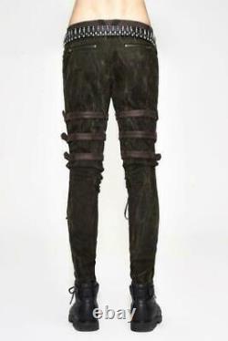 Steampunk men straight pants personality PU bandage metal buckle slim trousers