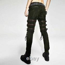 Steampunk men straight pants personality PU bandage metal buckle slim trousers