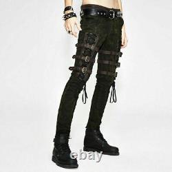 Steampunk men straight pants personality PU bandage metal buckle slim trousers