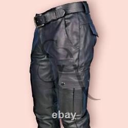 Toughened Combat Cargo Utility Work Trouser, Pants 6 Pockets Lambskin Leather